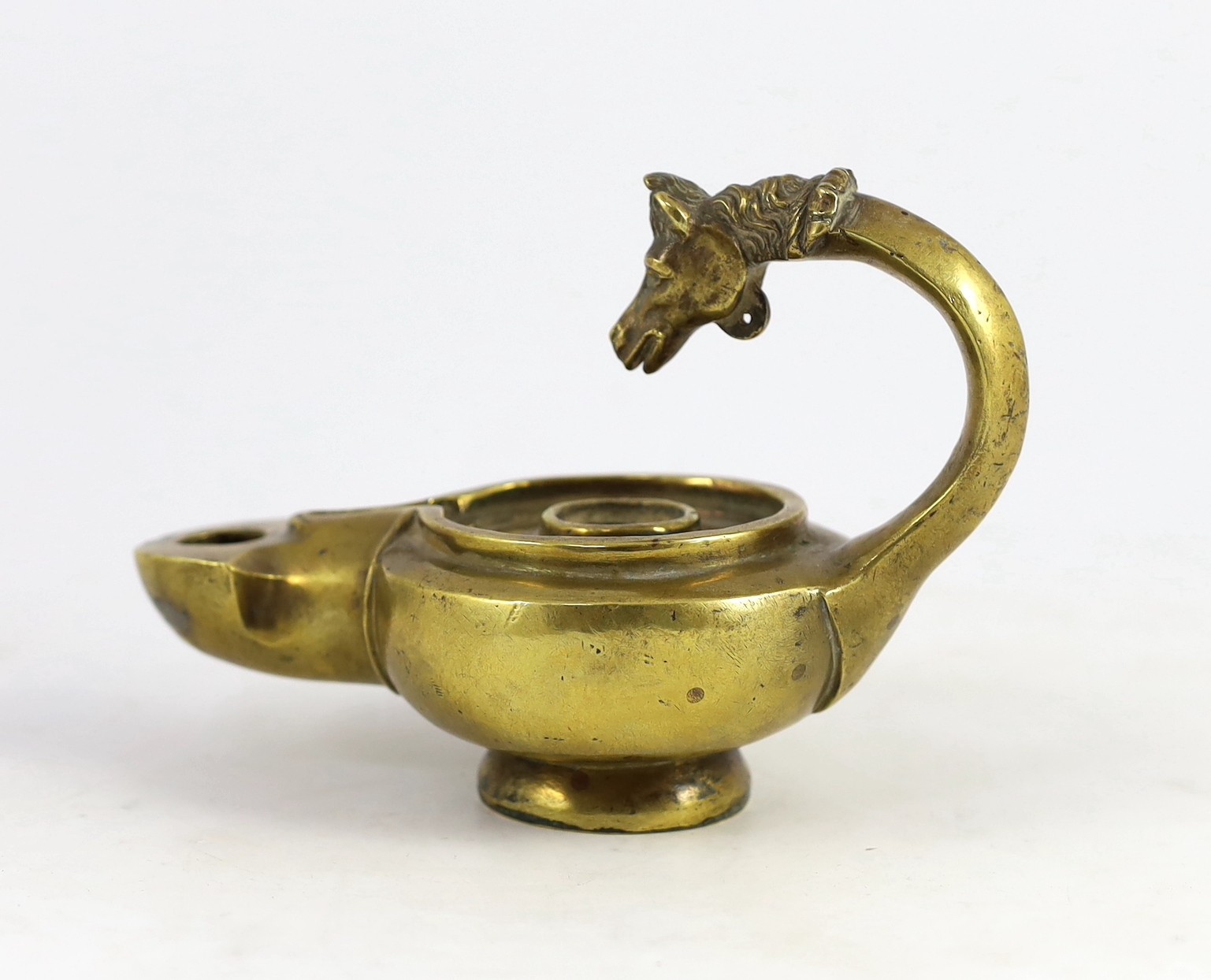 A Renaissance or Roman bronze oil lamp, 17.5cm long
